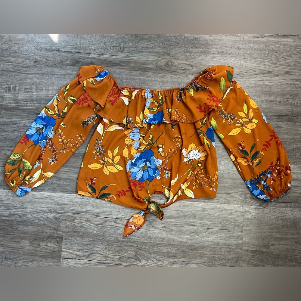 Peach‎ Love California Women's Brown Floral Off The Shoulder Blouse Size Small
